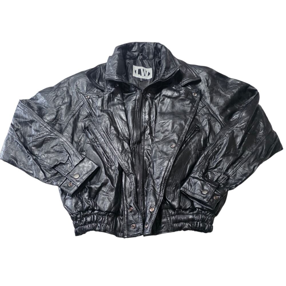 Vintage Leather Works women’s black genuine leather bomber jacket in size Small.